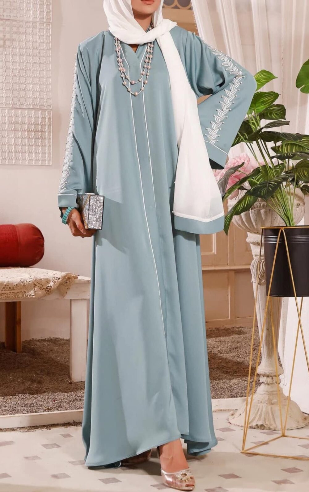 Sea Foam All-Season Front Open Style Abaya - Image 3